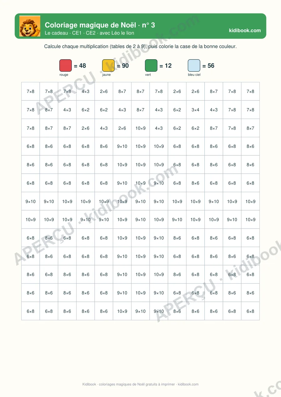 Coloriage magique de Noël : le cadeau, tables de multiplication CE1-CE2