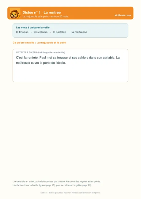 Une dictée CE1 à imprimer avec ses mots à préparer