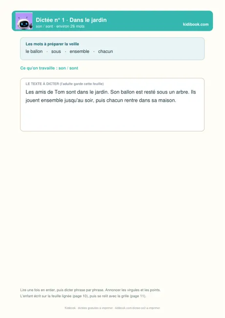 Une dictée CE2 à imprimer avec ses mots à préparer
