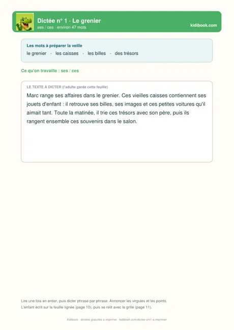 Une dictée CM1 à imprimer avec ses mots à préparer