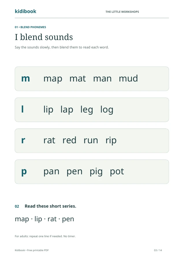 Page 3: blend sounds and read words