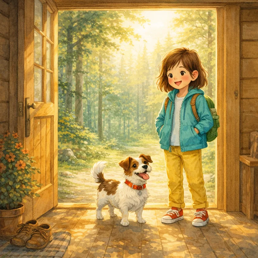 Emma and dog at the beginning of their adventure