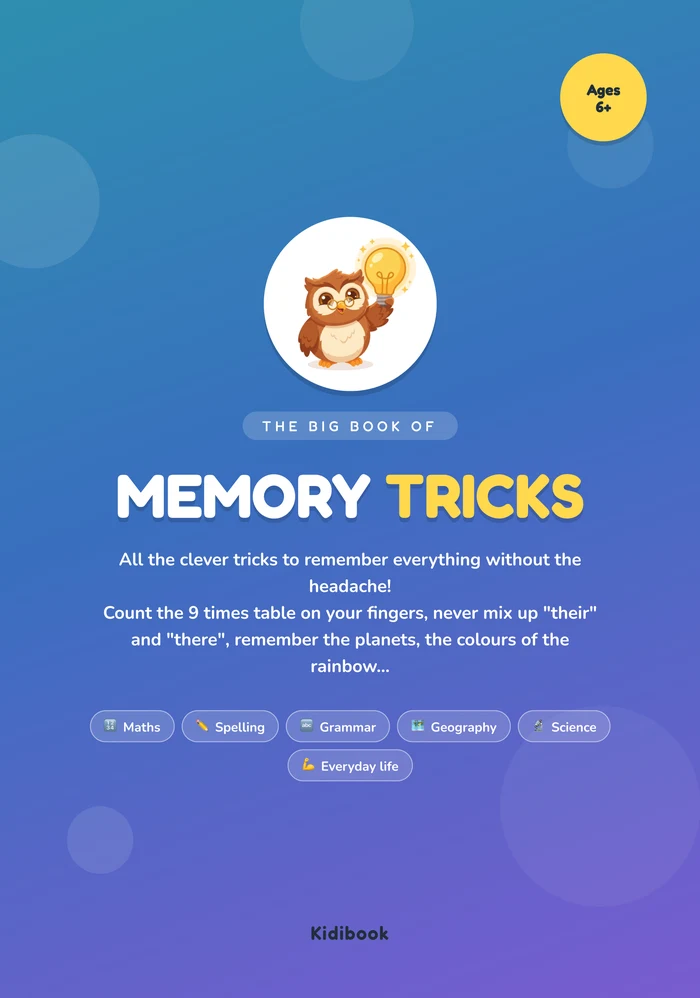 The Big Book of Memory Tricks by Kidibook: one illustrated trick per card, from CP to CM2