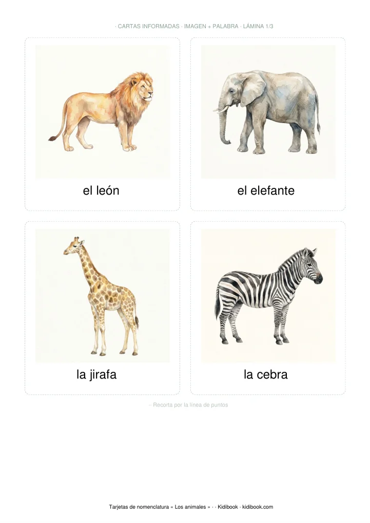 Página 3 del PDF: ejemplo de cartas del pack animales, destinado a niños de 3 a 6 años.