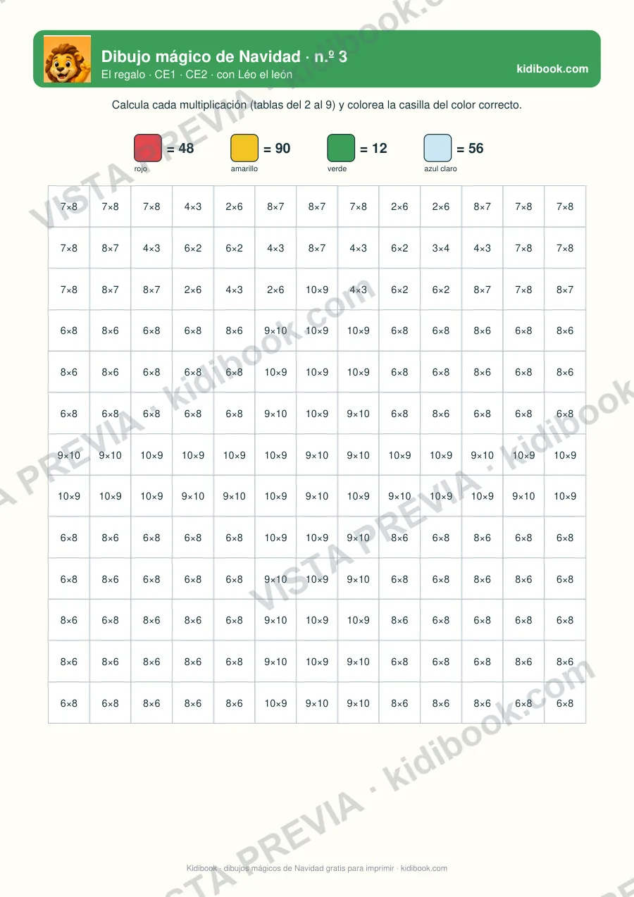 Dibujo mágico de Navidad: el regalo, tablas de multiplicar CE1-CE2 (7-9 años)