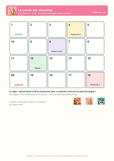 Jeu de plateau à imprimer avec les mascottes Kidibook