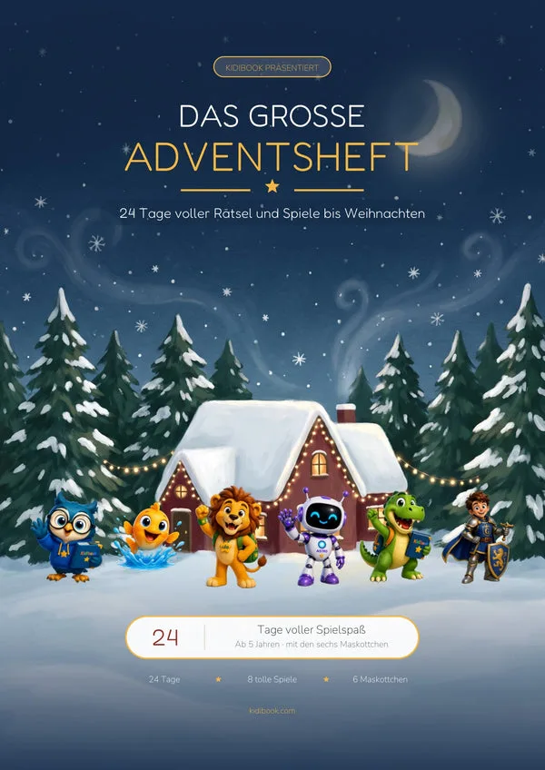 Titelbild: Das große Adventsheft, 24 Tage Aktivitäten mit den 6 Kidibook-Maskottchen