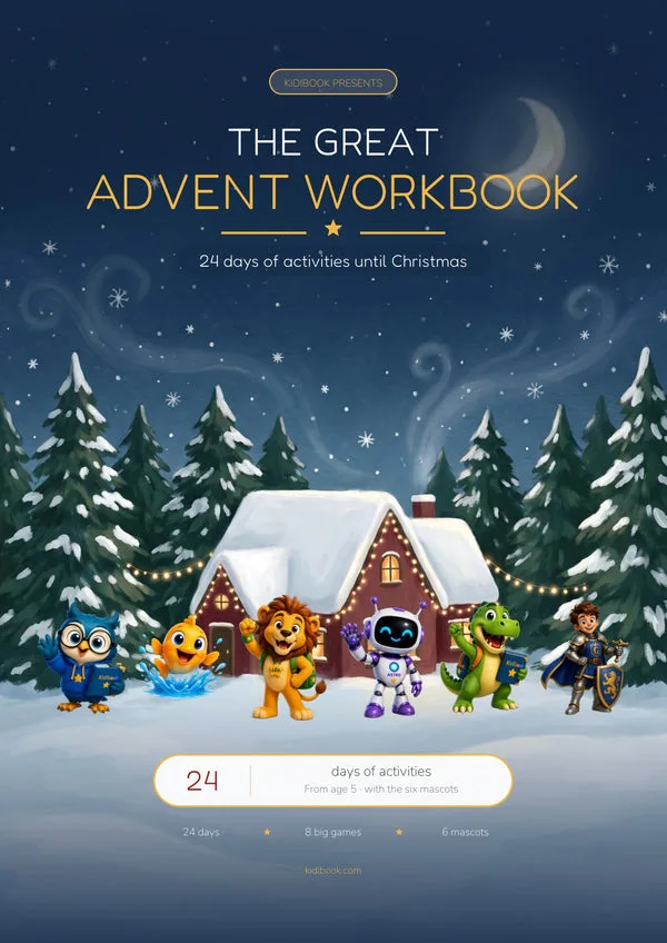 Cover of the Great Advent Workbook, English edition, with the six mascots