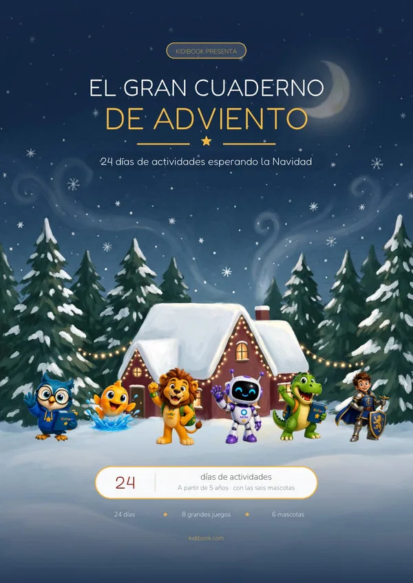 Portada de la edición española del Gran Cuaderno de Adviento Kidibook, con las seis mascotas