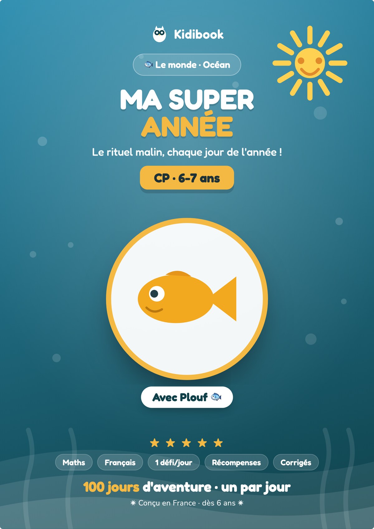 Couverture du cahier Ma Super Année CP, monde de l'Océan avec Plouf le poisson