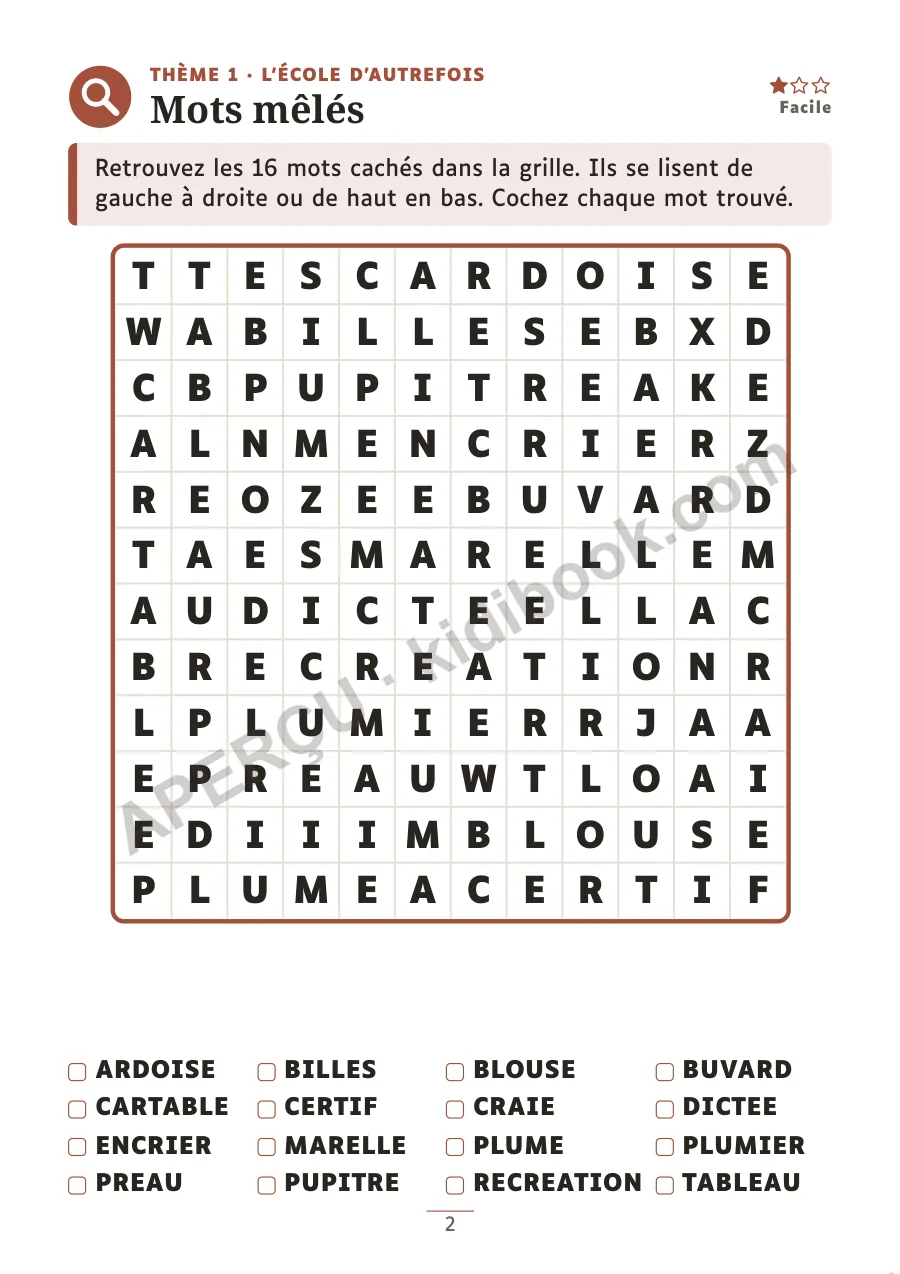 Grille de mots mêlés en gros caractères sur le thème de l'école d'autrefois