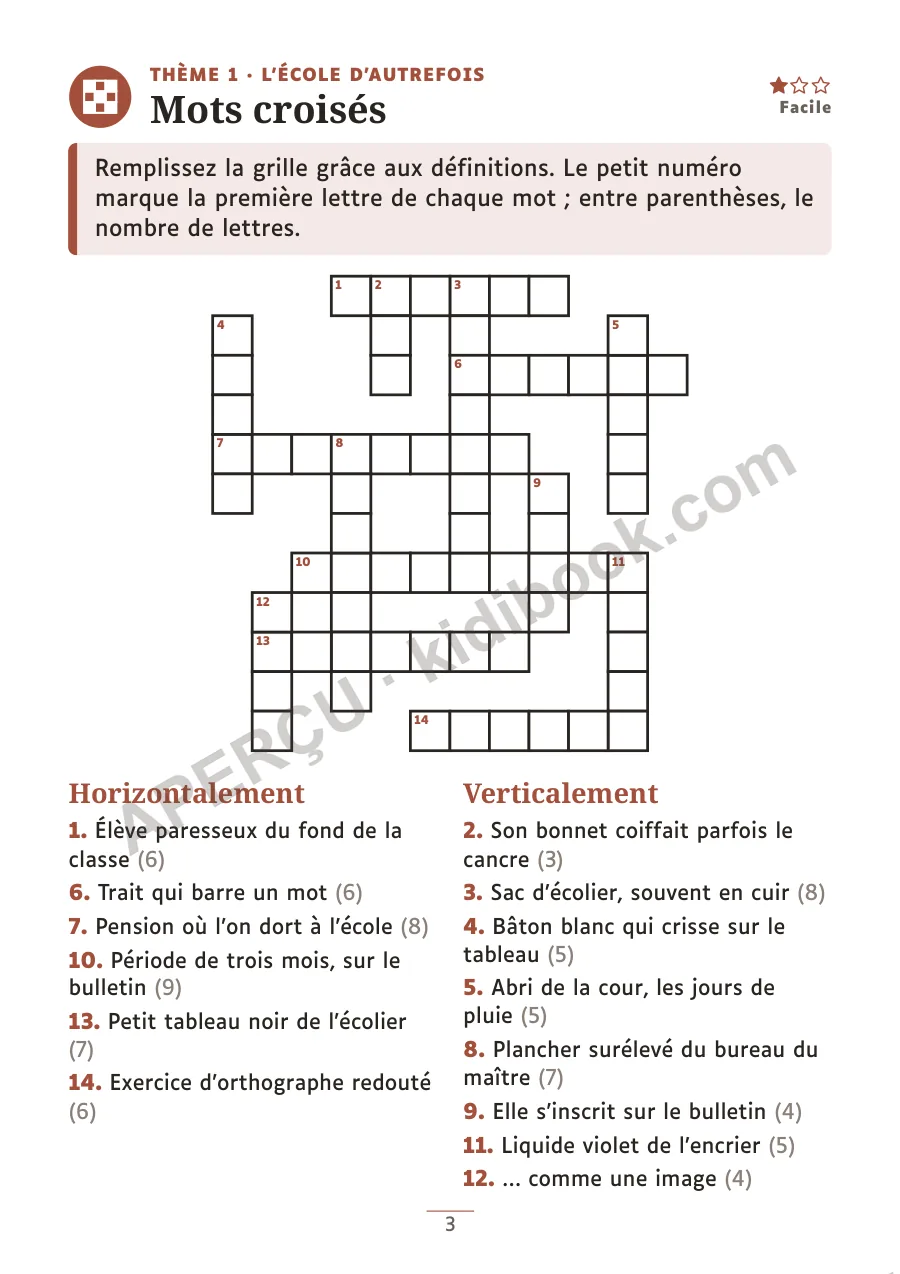 Grille de mots croisés avec définitions sur l'école d'autrefois