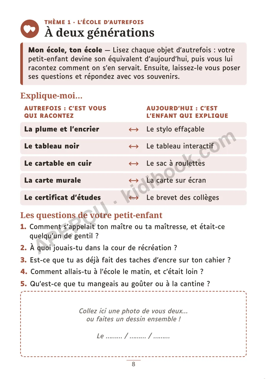 Page « À deux générations » à faire avec un petit-enfant, objets d'autrefois et d'aujourd'hui