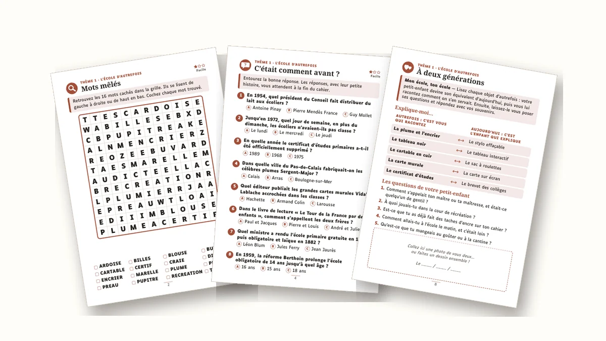 Pages d'exercices de mémoire pour seniors à imprimer : mots mêlés, mots croisés, quiz et page à deux générations