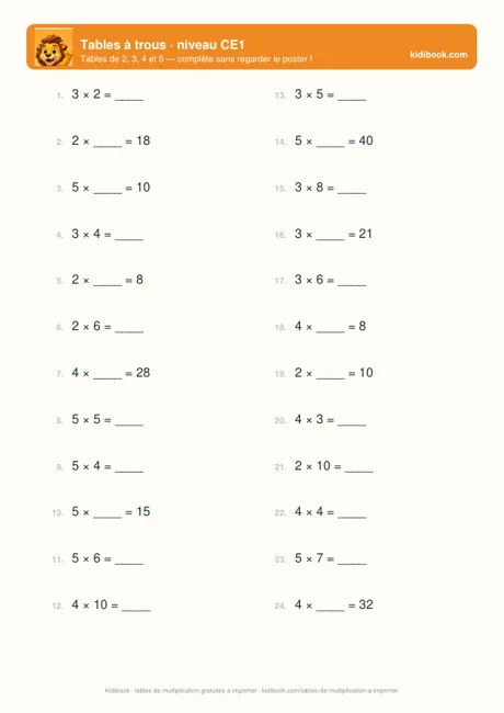 Tables de multiplication à trous à imprimer, avec solutions